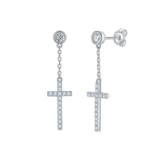 925 Sterling Silver Cross Drop Earrings with Moissanite Accents