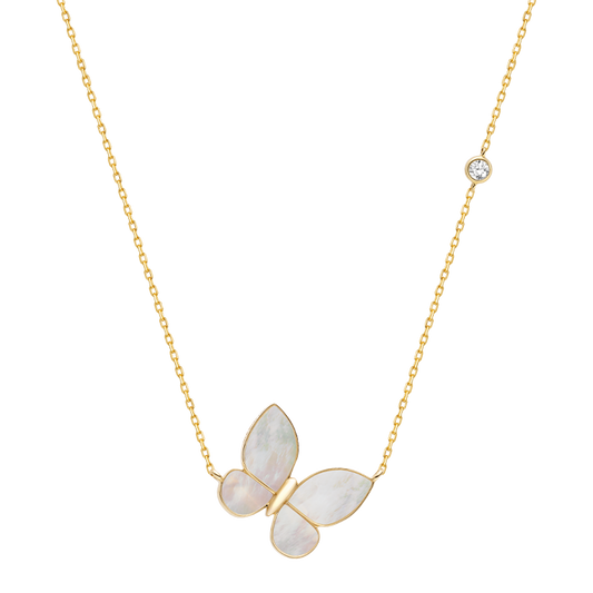 Full Butterfly Pendant Necklace in 18K Gold with Pearlescent Inlay and Diamonds