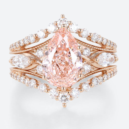 2.5 Carat Pear Cut Fancy Pink Lab-Grown Diamond Bridal Ring Set in Rose Gold – VS+ Clarity, 6-Prong Design