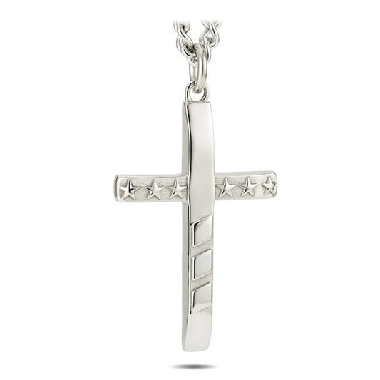 Men’s Stainless Steel Stars & Stripes Cross Necklace with John 19:30 Scripture