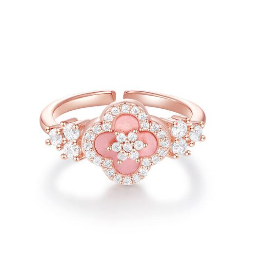 Clover Blossom Adjustable Ring with Sparkling CZ – 18K Rose Gold Vermeil