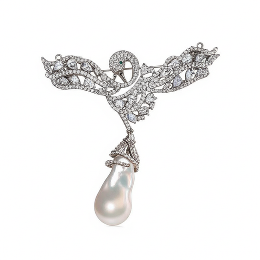 Baroque Pearl Swan Brooch – Elegant Hollow Design with Zircon Accents