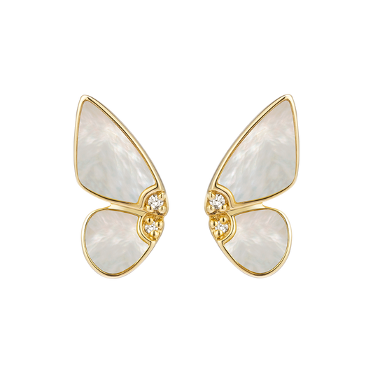 Butterfly Silhouette Stud Earrings in 18K Gold with Iridescent Shell and Diamond Accents