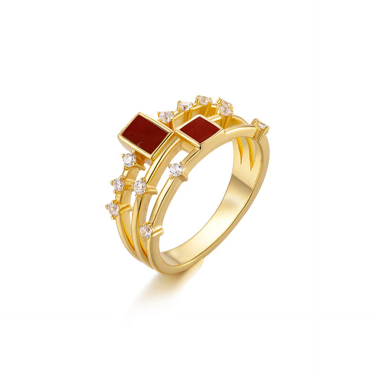 Romantic Four Seasons Red Agate & Crystal Gold Ring