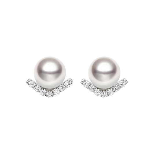 Chevron Diamond Post Earrings in 18K White Gold with Ocean-Lustre Pearl