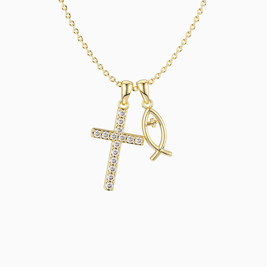 Cross & Ichthys Dual Pendant Necklace – A Symbol of Faith and Love