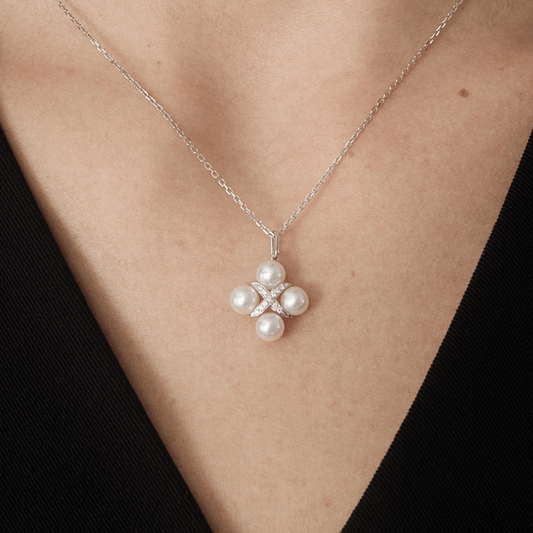 Freshwater Pearls 14K Gold Lab-Grown Diamonds Quartet X-Pearl Pendant Necklace