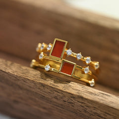 Romantic Four Seasons Red Agate & Crystal Gold Ring