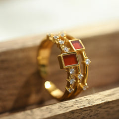 Romantic Four Seasons Red Agate & Crystal Gold Ring