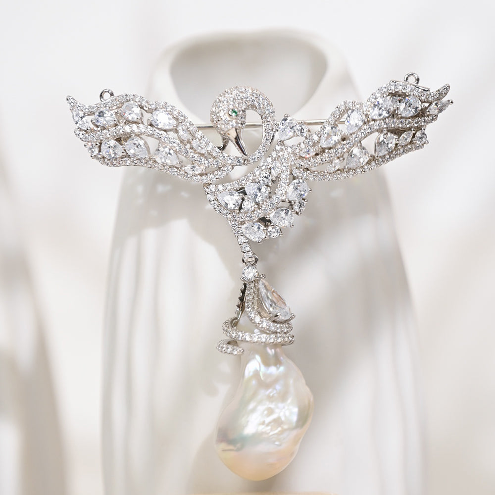 Baroque Pearl Swan Brooch – Elegant Hollow Design with Zircon Accents