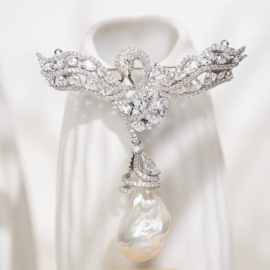 Baroque Pearl Swan Brooch – Elegant Hollow Design with Zircon Accents