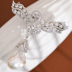 Baroque Pearl Swan Brooch – Elegant Hollow Design with Zircon Accents