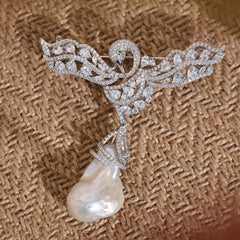 Baroque Pearl Swan Brooch – Elegant Hollow Design with Zircon Accents