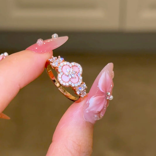 Clover Blossom Adjustable Ring with Sparkling CZ – 18K Rose Gold Vermeil