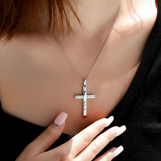 Men’s Stainless Steel Stars & Stripes Cross Necklace with John 19:30 Scripture