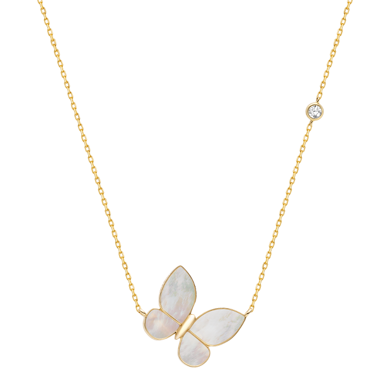 Full Butterfly Pendant Necklace in 18K Gold with Pearlescent Inlay and Diamonds
