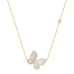 Full Butterfly Pendant Necklace in 18K Gold with Pearlescent Inlay and Diamonds
