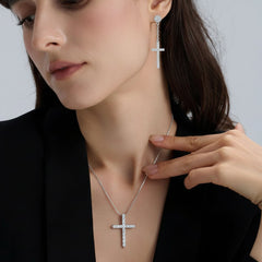 925 Sterling Silver Cross Drop Earrings with Moissanite Accents