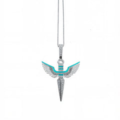 Sterling Silver Angel Wings Cross Pendant with Moissanite & Enamel Accents
