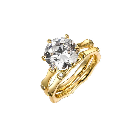 Golden Bamboo Promise Ring Set - Radiant Cubic Zirconia on Gold-Plated Pure Silver Band