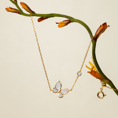 Full Butterfly Pendant Necklace in 18K Gold with Pearlescent Inlay and Diamonds