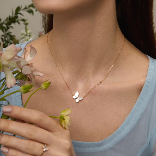 Full Butterfly Pendant Necklace in 18K Gold with Pearlescent Inlay and Diamonds