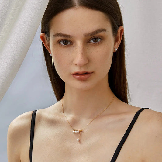 Minimalist Bar Necklace, 18K Yellow Gold & Ocean-Lustre Pearl Accent