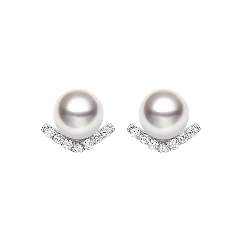 Chevron Diamond Post Earrings in 18K White Gold with Ocean-Lustre Pearl
