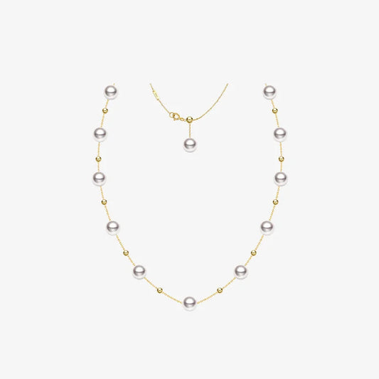 Gold Bead and Pearl Station Necklace in Fine 18K Gold
