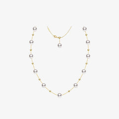 Gold Bead and Pearl Station Necklace in Fine 18K Gold