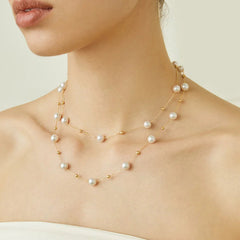 Gold Bead and Pearl Station Necklace in Fine 18K Gold
