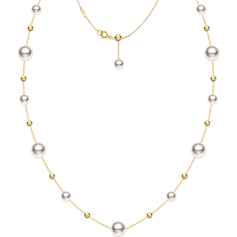 Gold Bead and Pearl Station Necklace in Fine 18K Gold