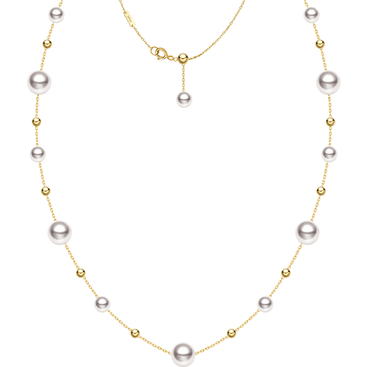 Gold Bead and Pearl Station Necklace in Fine 18K Gold
