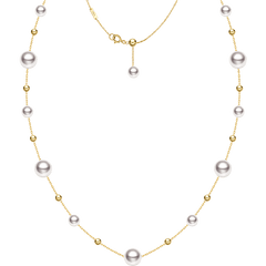 Gold Bead and Pearl Station Necklace in Fine 18K Gold
