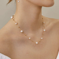 Gold Bead and Pearl Station Necklace in Fine 18K Gold