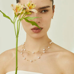 Gold Bead and Pearl Station Necklace in Fine 18K Gold