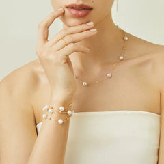 Gold Bead and Pearl Station Necklace in Fine 18K Gold