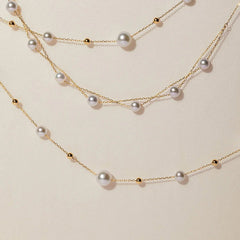 Gold Bead and Pearl Station Necklace in Fine 18K Gold