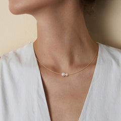 Twin Saltwater Pearl Minimalist Design 18K Necklace