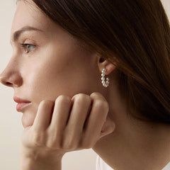 14K Gold Hoop Earrings with Cascading Freshwater Pearls – Sculpted Flow Design