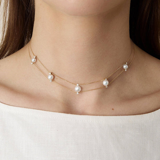 Freshwater Pearls 14K Gold Lab-Grown Diamonds Slight Lace Necklace