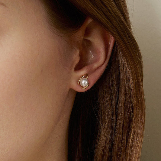 Freshwater Pearls 14K Gold Ribbon H Studs Earrings