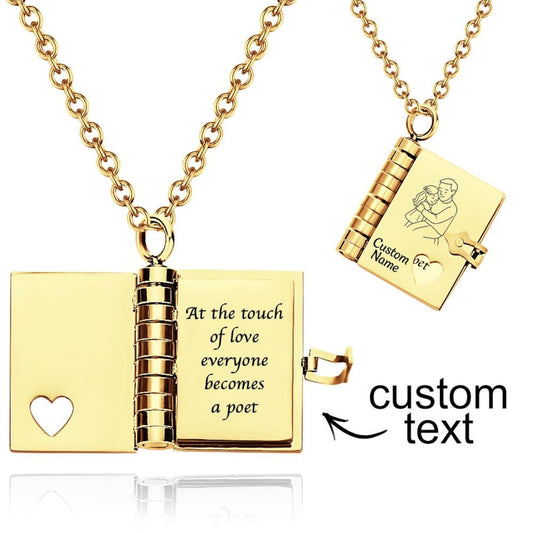 Customizable Book Locket Necklace in Stainless Steel – Personalized Engraving & Keepsake Design