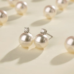 Premier Akoya Pearl 18K Gold 4-Prong Diamond Stud Earrings