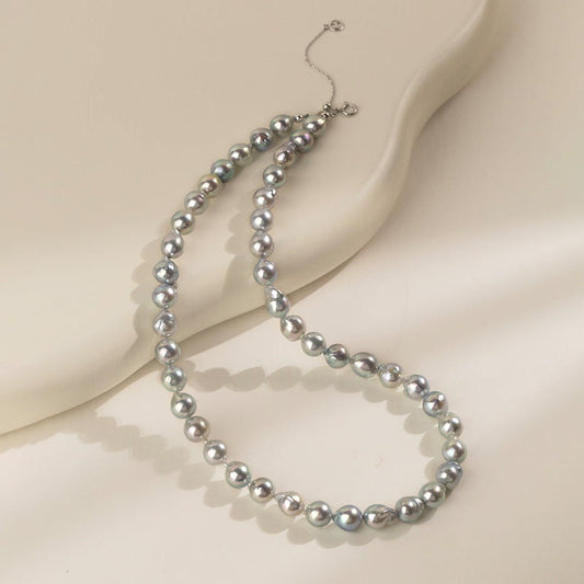 Silver Blue Baroque Akoya Pearl 18K Gold Classic Strand Necklace
