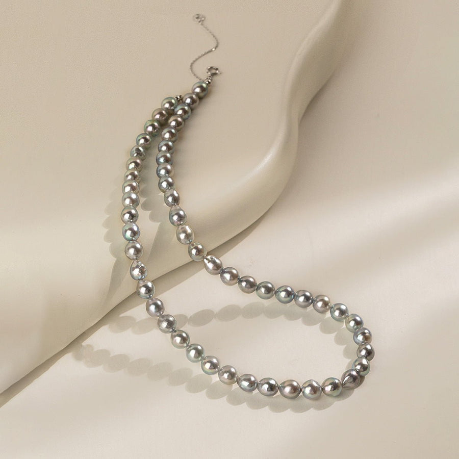Silver Blue Baroque Akoya Pearl 18K Gold Classic Strand Necklace