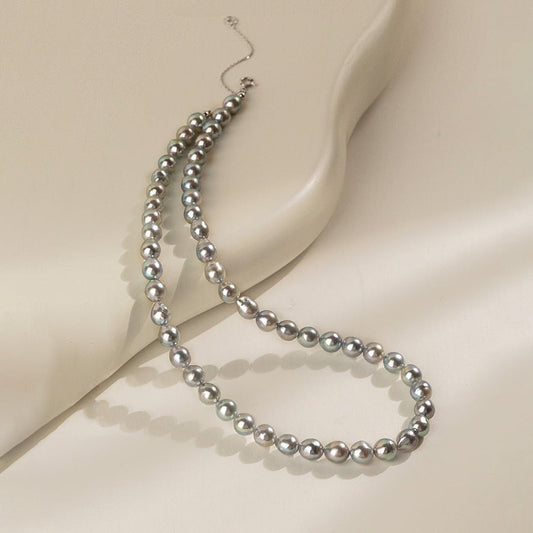 Silver Blue Baroque Akoya Pearl 18K Gold Classic Strand Necklace