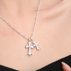 Sacred Dual Cross Heart Pendant Necklace – 925 Silver with Sparkling Stones