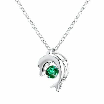 925 Silver Lab-Created Emerald Dolphin Necklace - Model LP0076