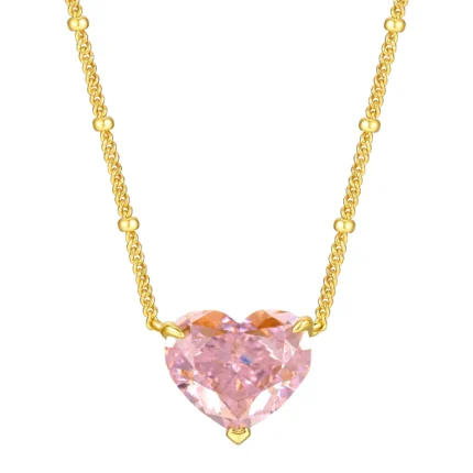 925 Silver Cubic Zirconia Pink Heart K Yellow Necklace P0676F
